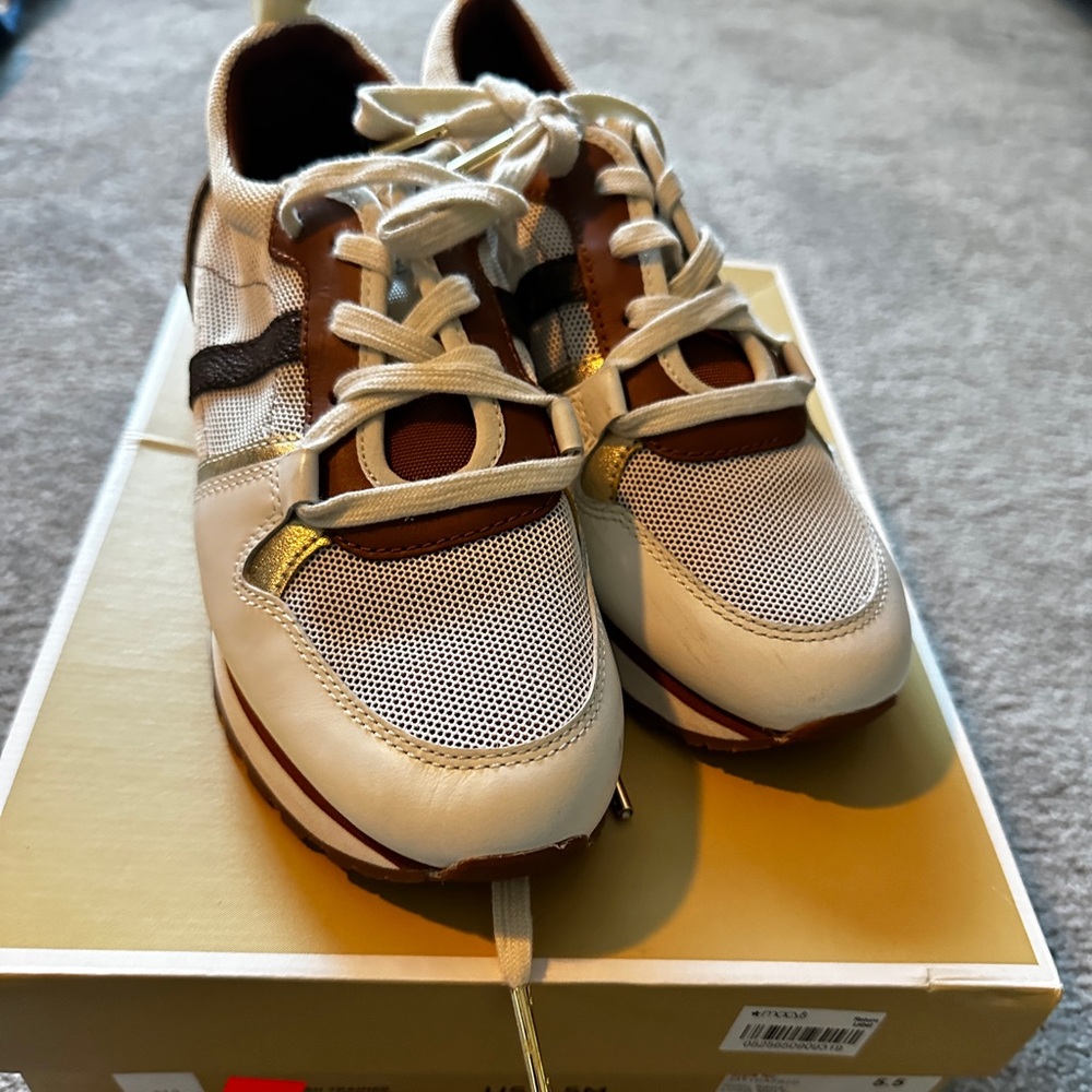 MICHAEL Michael Kors White and Brown Women's Sneakers with Gold Accents